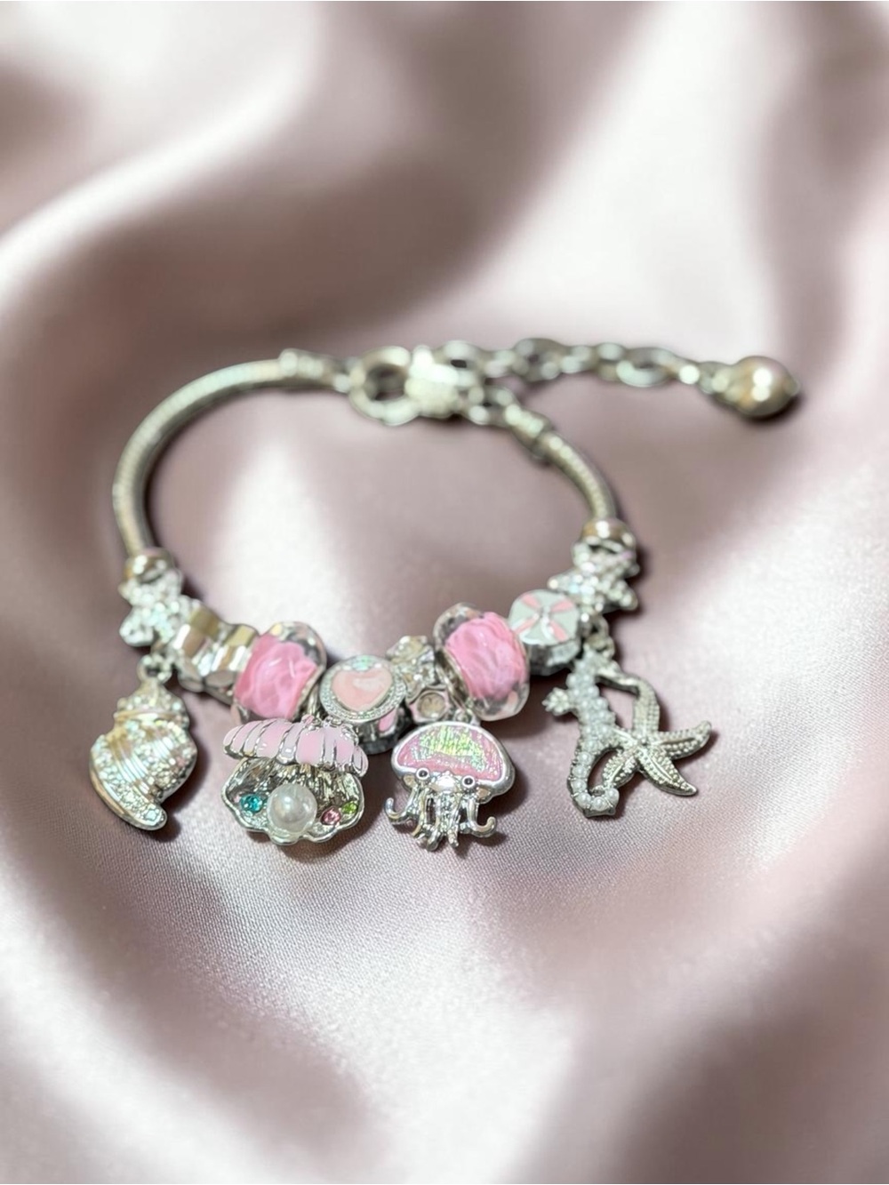 Silver-tone Pink Sea Charm Bracelet